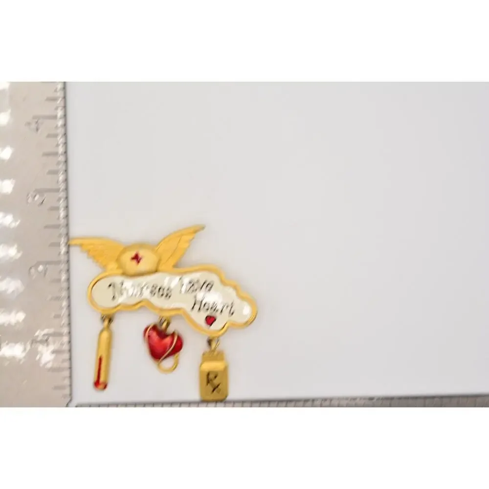 Tara Vintage Nurse Pin Brooch Gold Charms Nurses Have Heart Angel Signed BinAL